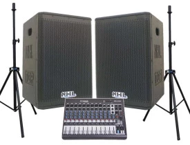 KIT Caixas Ativa + Passiva Fal NHL 1600w 15" + Pedestais + Mesa 8ch com USB Bluetooth