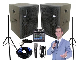 Kit "P80" para Oratória Louvor Campanha c/ Mesa de som 2 Caixas 2 Microfones 2 Pedestais