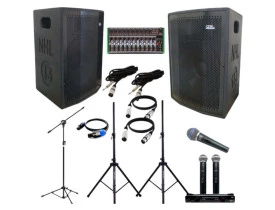 KIT Caixas Ativa + Passiva 1000w 15" + Pedestais + Mesa 12ch + Microfones 